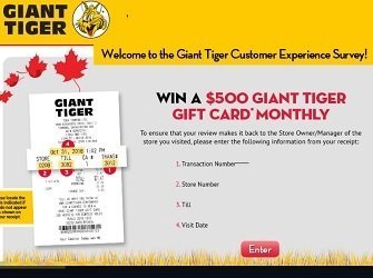 Giant Tiger Survey Contest  Customer Experience at  www.gianttiger.com/survey