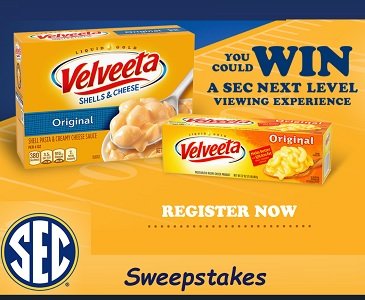  Velveeta Sweepstakes at www.scorewithvelveeta.com. Upload your receipt and enter to win Score With Velveeta SEC Next Level Viewing Prize Package & instant 
