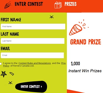instant win game via Submit an entry Form