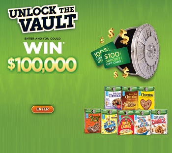 Unlock Vault Ca Contest: Win $100,000 & Gift Cards (Upload General Mills Cereal receipt)